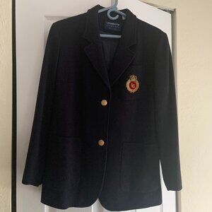 Liz Claiborne Vintage Navy Blazer Jacket Size M Petite Patch Career Crest Pocket